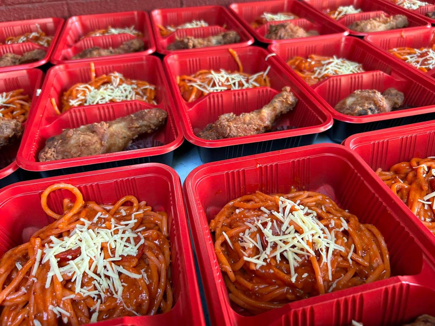 Individual pasta and chicken meal trays prepared by Pots and Buds Cactus Cafe